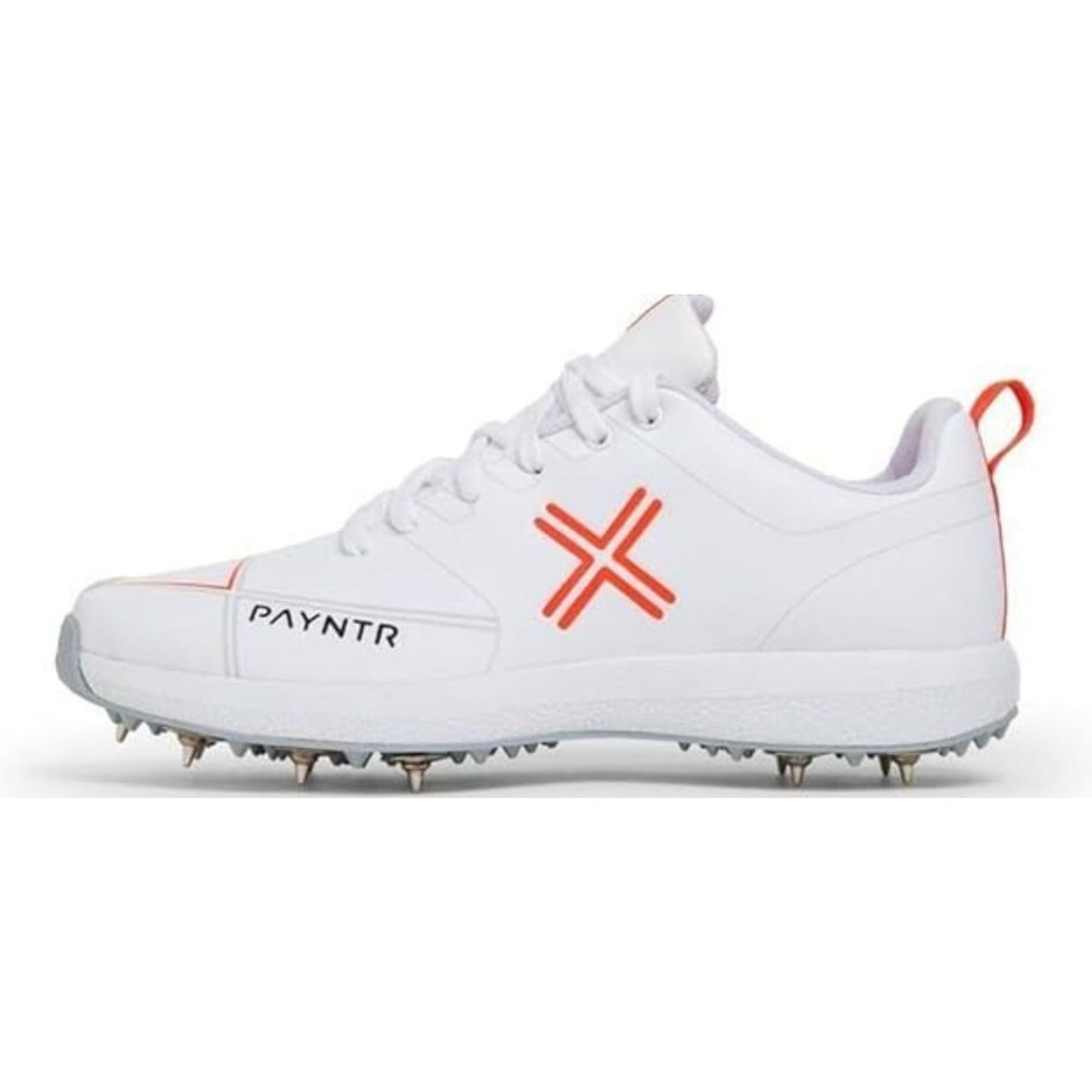 Payntr X Batting Metal Spike Cricket Shoes – White | PU Upper, 7/4 Metal Spike Plate, EVA Midsole, Reinforced Toe, Honeycomb Insole | Lightweight Comfort for Batters & All-Rounders