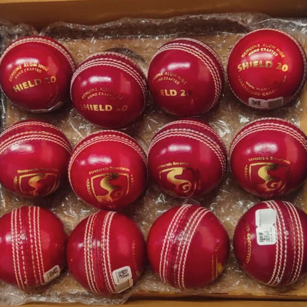 SG Shield 20 Cricket Leather Ball, Red – Pack of 6, Senior 5½ oz, Alum‑Tanned Waterproof 2‑Piece Club & School Match Balls