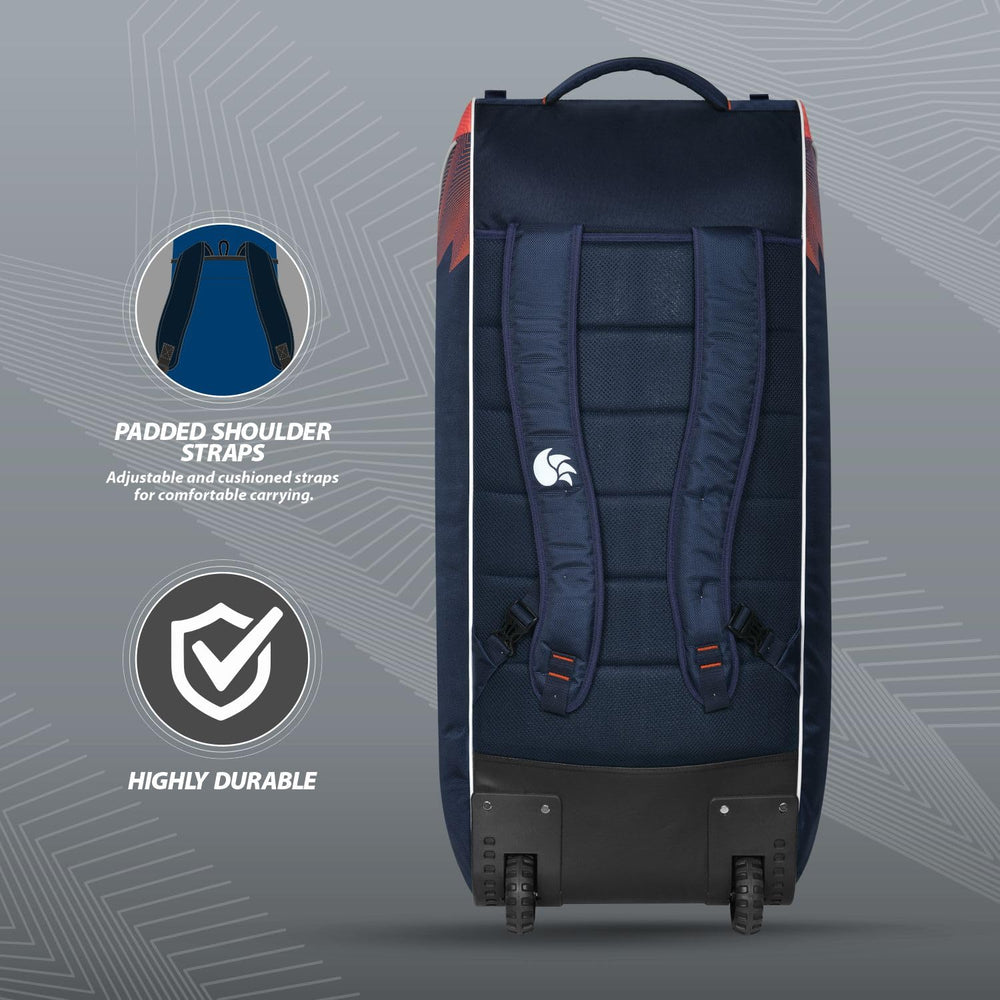 DSC Krunch Duffle Cricket Kit Bag with Wheels | Large Cricket Equipment Bag | Holds 4 Bats, Ventilated Shoe Pocket | Navy/Orange - Best Price online Prokicksports.com