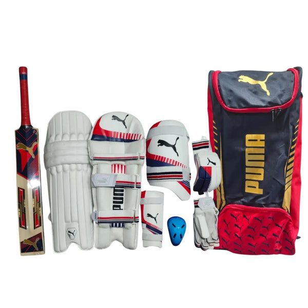 PUMA Junior Kashmir Willow Cricket Kit, Navy/Red | Complete Starter Kit with Durable Willow Bat, Protective Gear & Carry Bag