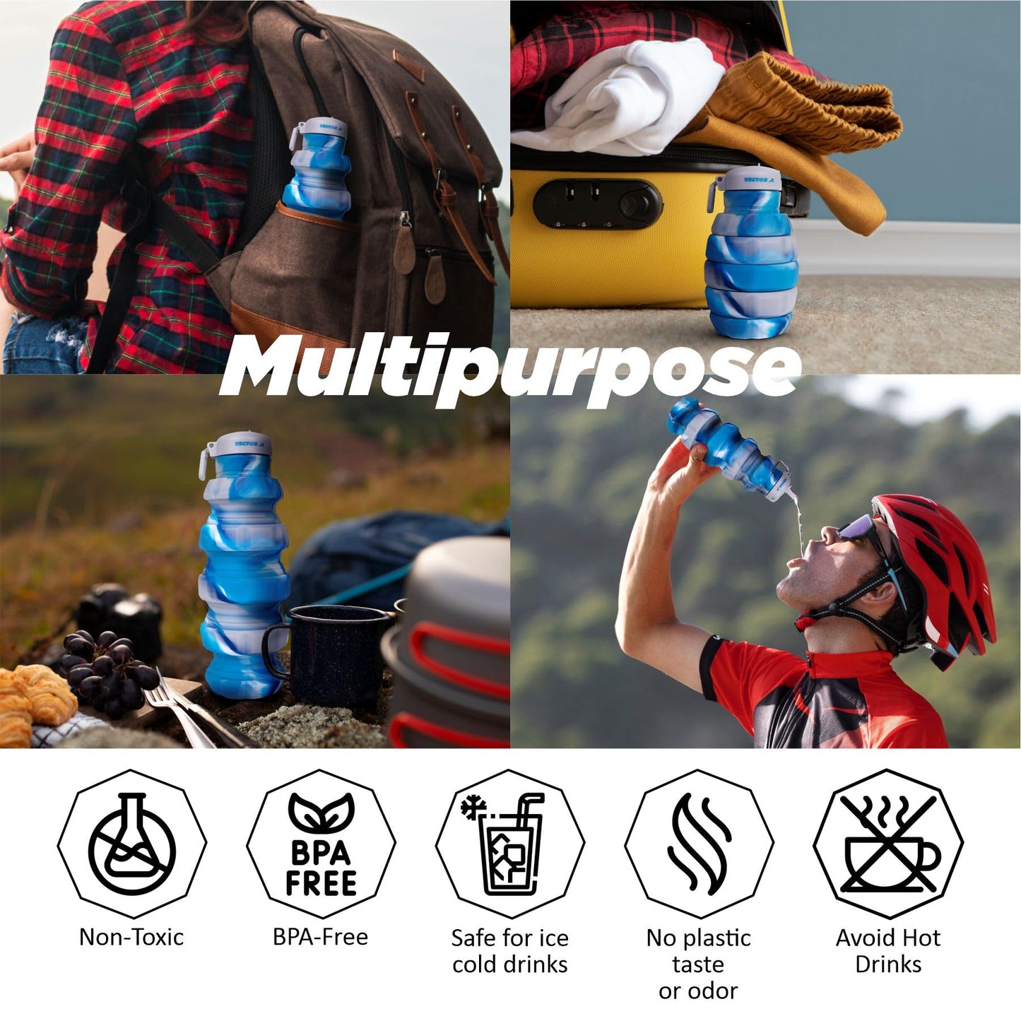 Vector X 500ML Foldable Silicone Water Bottle | Leak-Proof Cap with Lobster Hook | Ultra-Lightweight &amp; Compact Hydration Bottle
