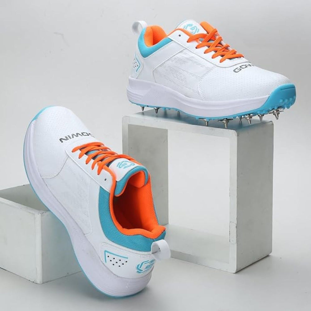 Gowin Tyro Metal Spike Cricket Shoes | Breathable Mesh Upper | Lightweight EVA Midsole | White/Island Blue - Best Price online Prokicksports.com