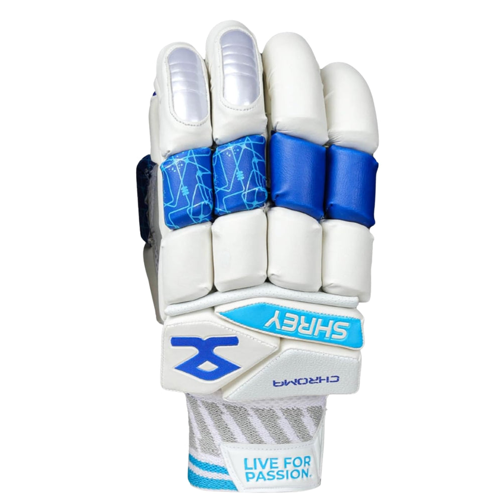 Shrey Chroma Right Hand Batting Gloves, White/Royal Blue | Premium Leather Palm with Multi-Layer Foam Protection & Cut-Finger Flex Design - Best Price online Prokicksports.com