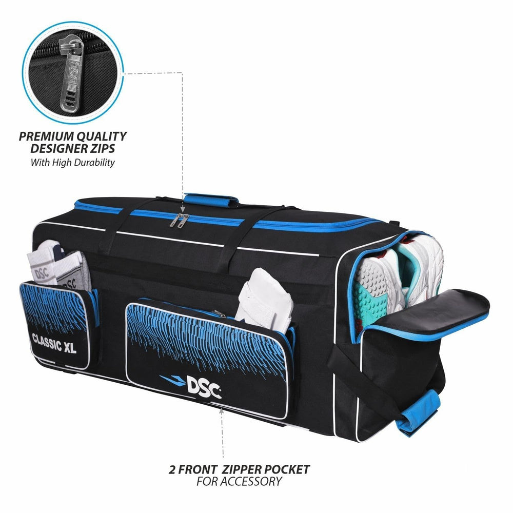 DSC Classic XL Cricket Kit Bag with Wheelie – Black/Blue, Extra Large Capacity Wheelie Cricket Gear Bag with Durable Fabric & Multiple Compartments - Best Price online Prokicksports.com