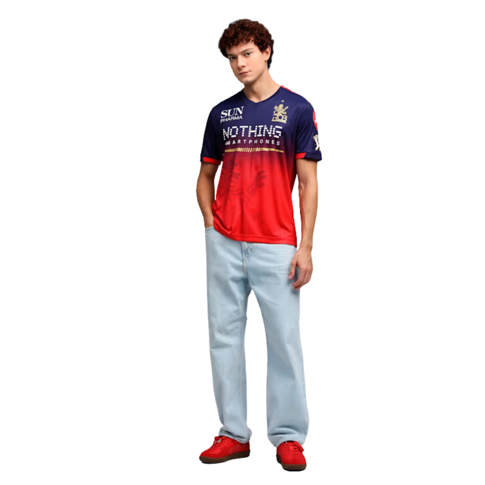 PUMA RCB Replica Jersey 2026 V-Neck T-Shirt for Men | dryCELL Sweat-Wicking Fabric with Lightweight Interlock Knit & Official Team Crest, Navy/Flame Scarlet - Best Price online Prokicksports.com