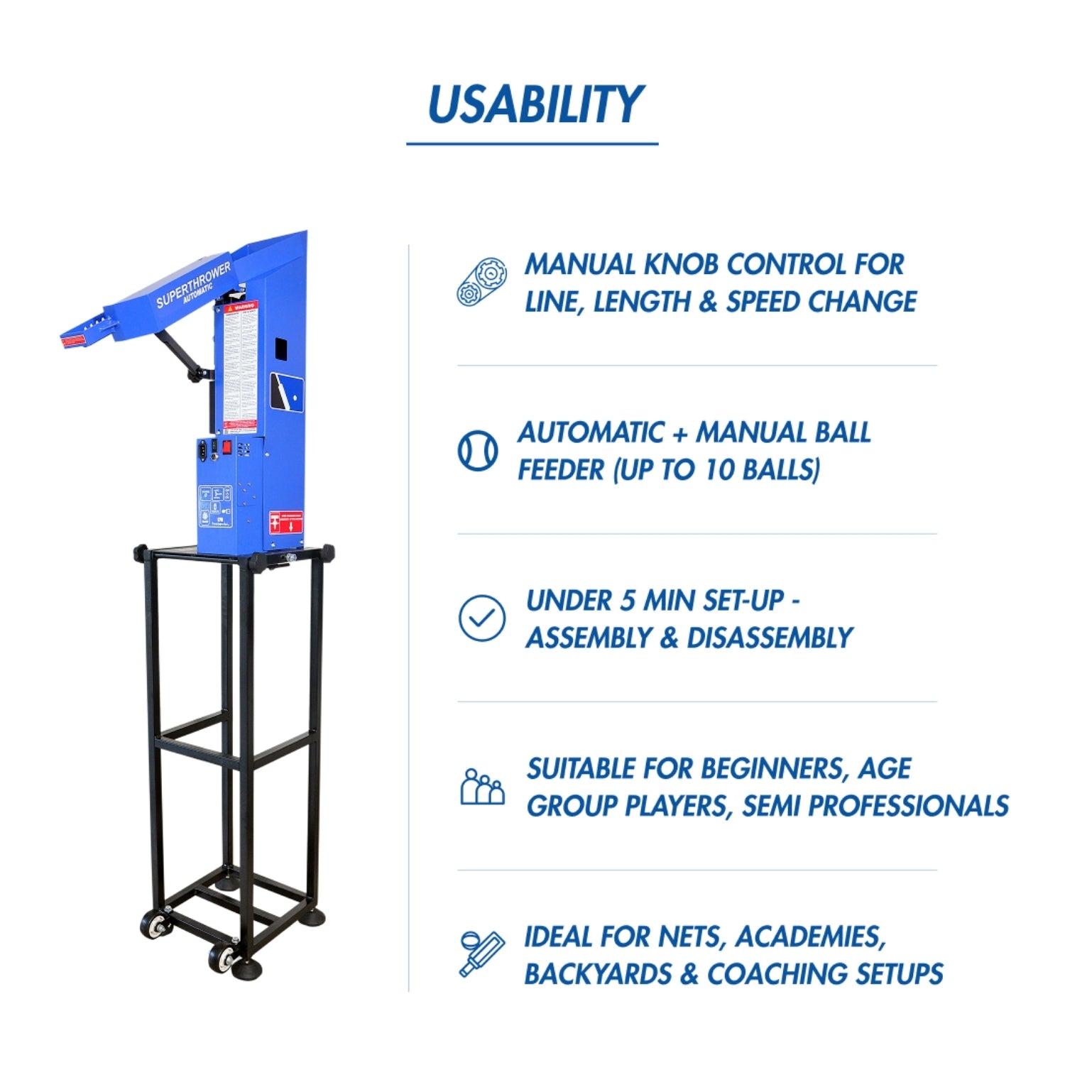 Freebowler Superthrower Standard is an FS2 automated, arm‑simulated and portable cricket bowling machine designed to throw real balls at adjustable speeds for realistic net practice. - Best Price online Prokicksports.com