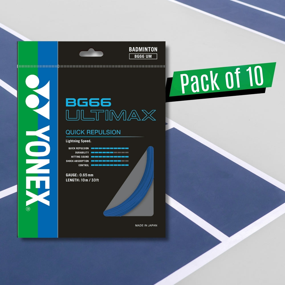 Yonex BG 66 Ultimax Badminton Strings – 0.65mm Gauge, 10m Sets, Pack of 10 (High-Repulsion Control String for Elite Play) - Best Price online Prokicksports.com