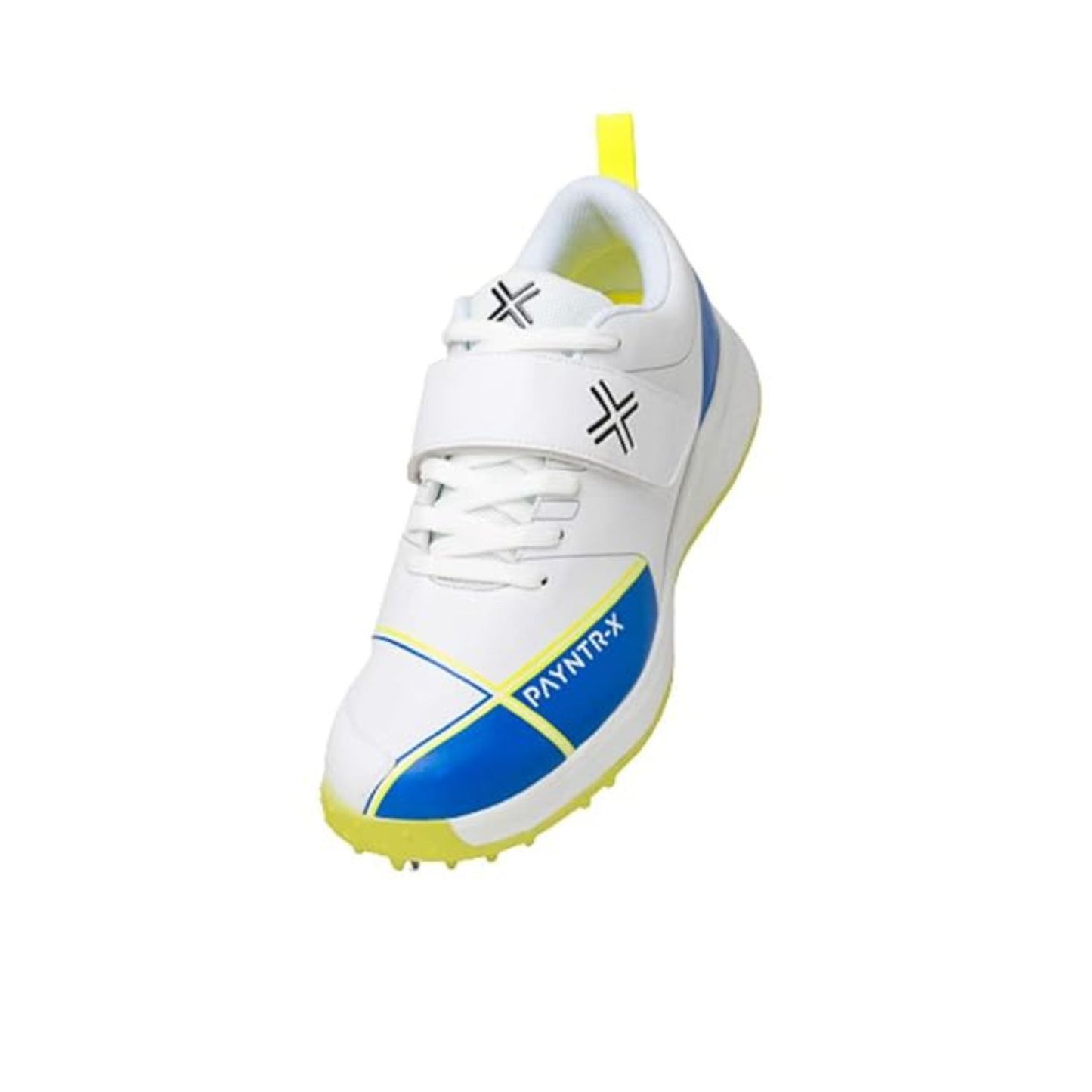 Payntr X Bowling Spike Cricket Shoes – White & Blue | Premium PU Upper, Velcro Strap, 7/4 Spike Formation, EVA Midsole, Reinforced Toe