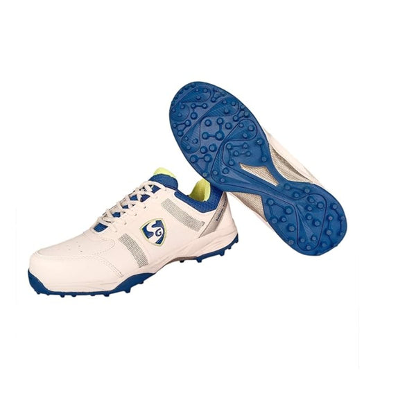 SG Club 4.0 Rubber Spikes Cricket Shoes Rubber – White/Royal Blue/Lime | Durable Grip with Comfort Support for Turf & Hard Ground