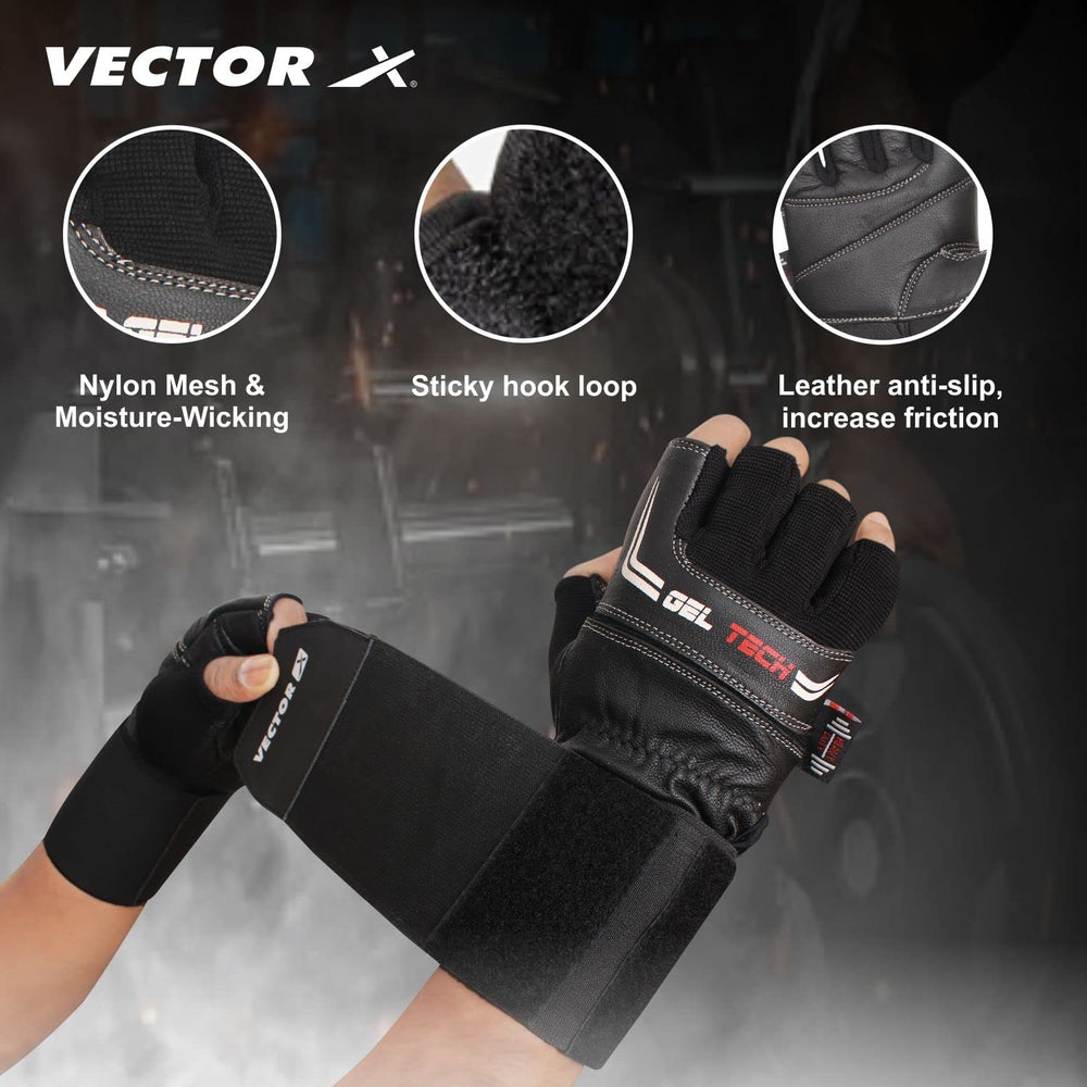 Vector X VX-1054 Gel Tech Fitness Gloves | Anti-Slip Gel Padded Gym Gloves with Wrist Support & Breathable Mesh Design - Best Price online Prokicksports.com