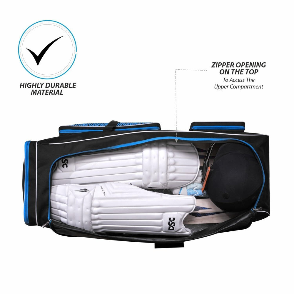 DSC Classic XL Cricket Kit Bag with Wheelie – Black/Blue, Extra Large Capacity Wheelie Cricket Gear Bag with Durable Fabric & Multiple Compartments - Best Price online Prokicksports.com