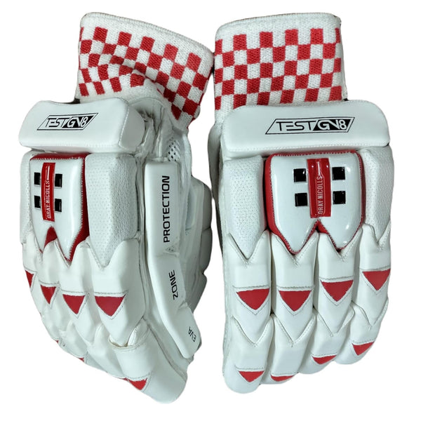 Gray Nicolls GN8 Test Right Hand Batting Gloves – Men’s (White/Red) | Pro-Level Protection with Fibre Shield & Premium Leather Palm