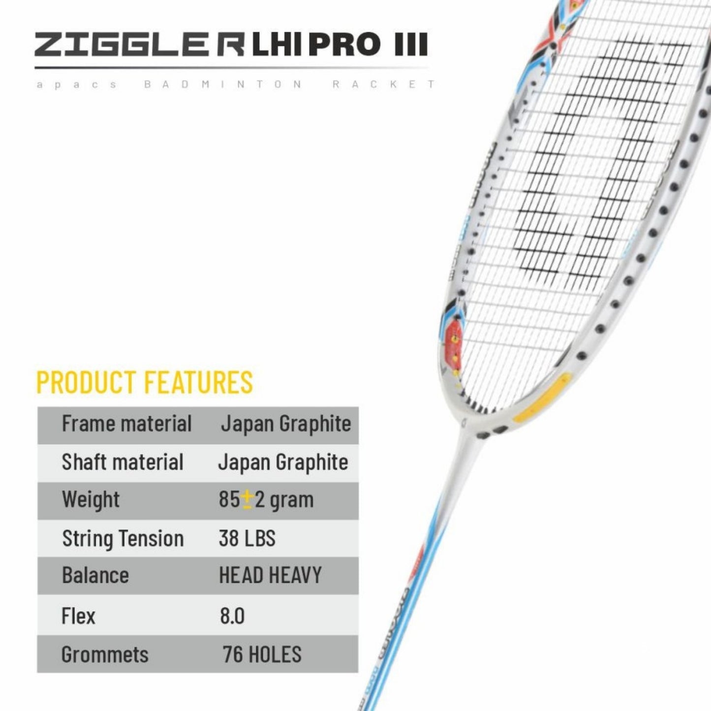 Apacs Z-Ziggler LHI Pro III Unstrung Badminton Racquet With Cover– White Matte (Head Heavy 85g, 38lbs Tension, Compact Quad Voltaic Frame) - Best Price online Prokicksports.com