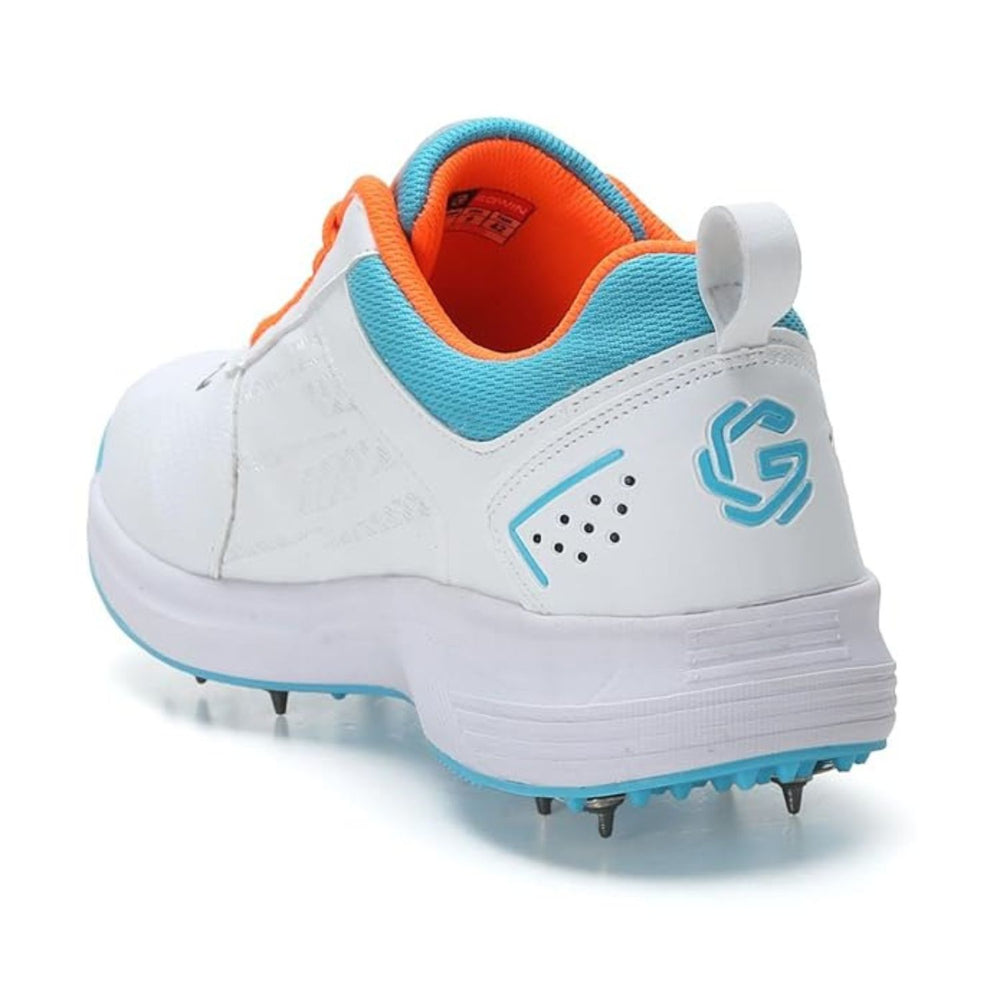 Gowin Tyro Metal Spike Cricket Shoes | Breathable Mesh Upper | Lightweight EVA Midsole | White/Island Blue - Best Price online Prokicksports.com