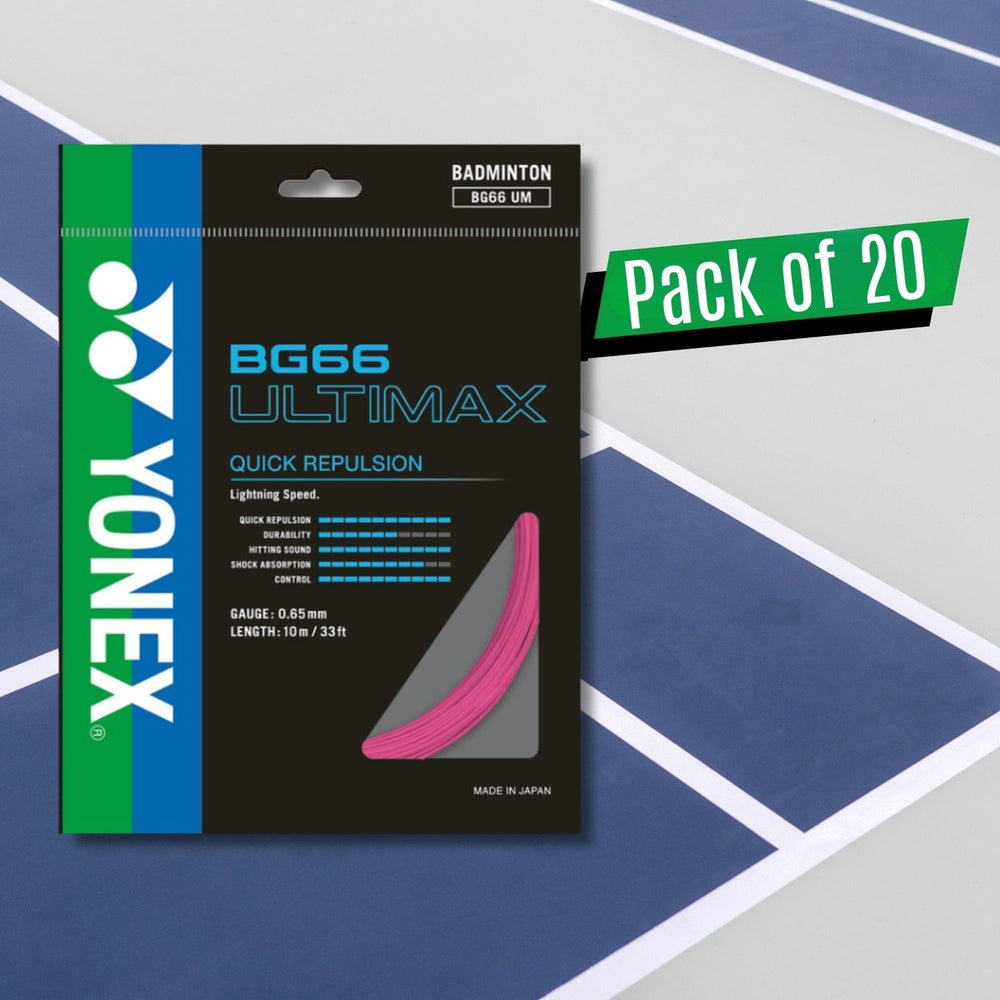 Yonex BG 66 Ultimax Badminton Strings – 0.65mm Gauge, 10m Sets, Pack of 20 ( Ultra-Thin High-Repulsion Control) - Best Price online Prokicksports.com