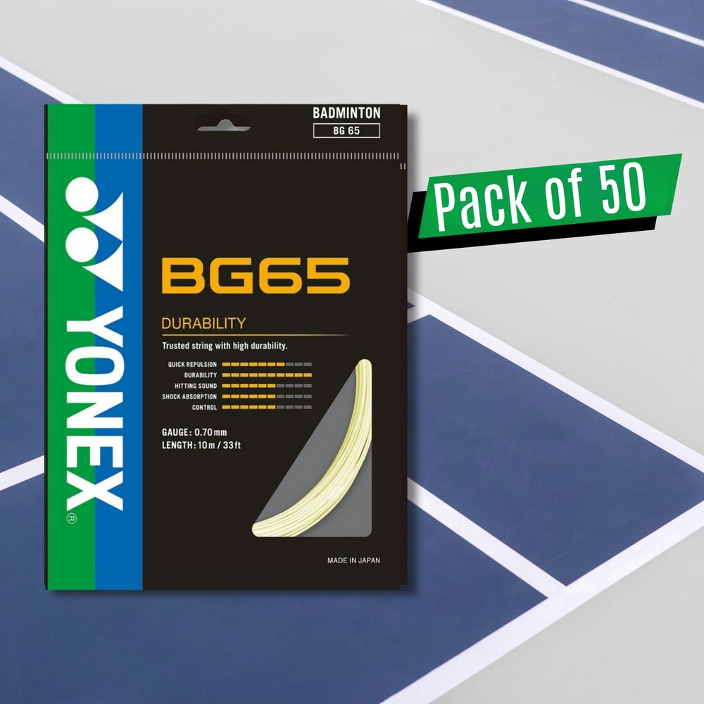 Yonex BG 65 Badminton Strings – 0.70mm Gauge, 10m Sets, Pack of 50 (High-Durability All-Round String) - Best Price online Prokicksports.com