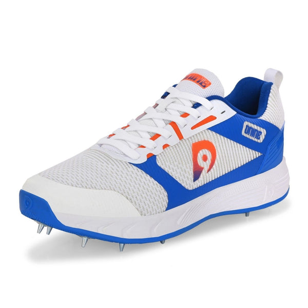 Dnine Hunter 2 Cricket Batting Shoe with Metal Spikes – White/Orange/Blue | Pro Performance PU Upper, Shock Absorbing EVA Midsole, High Traction TPU Spike Outsole | Lightweight, Durable, and Water Resistant