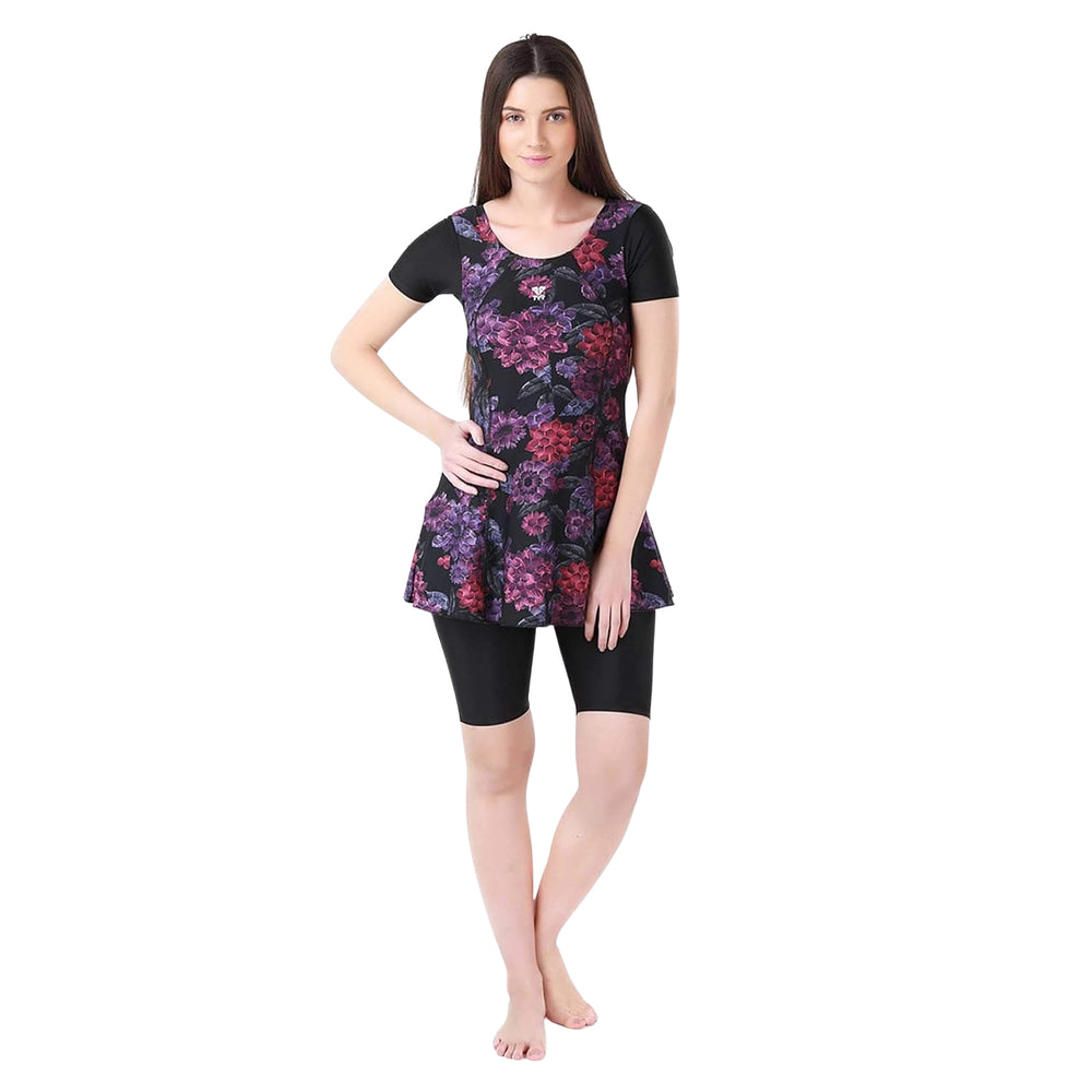 TYR Primrose Women Swimming Frocksuit, Black/Purple | Elegant Swimdress with Comfortable Fit & Chlorine-Resistant Fabric - Best Price online Prokicksports.com