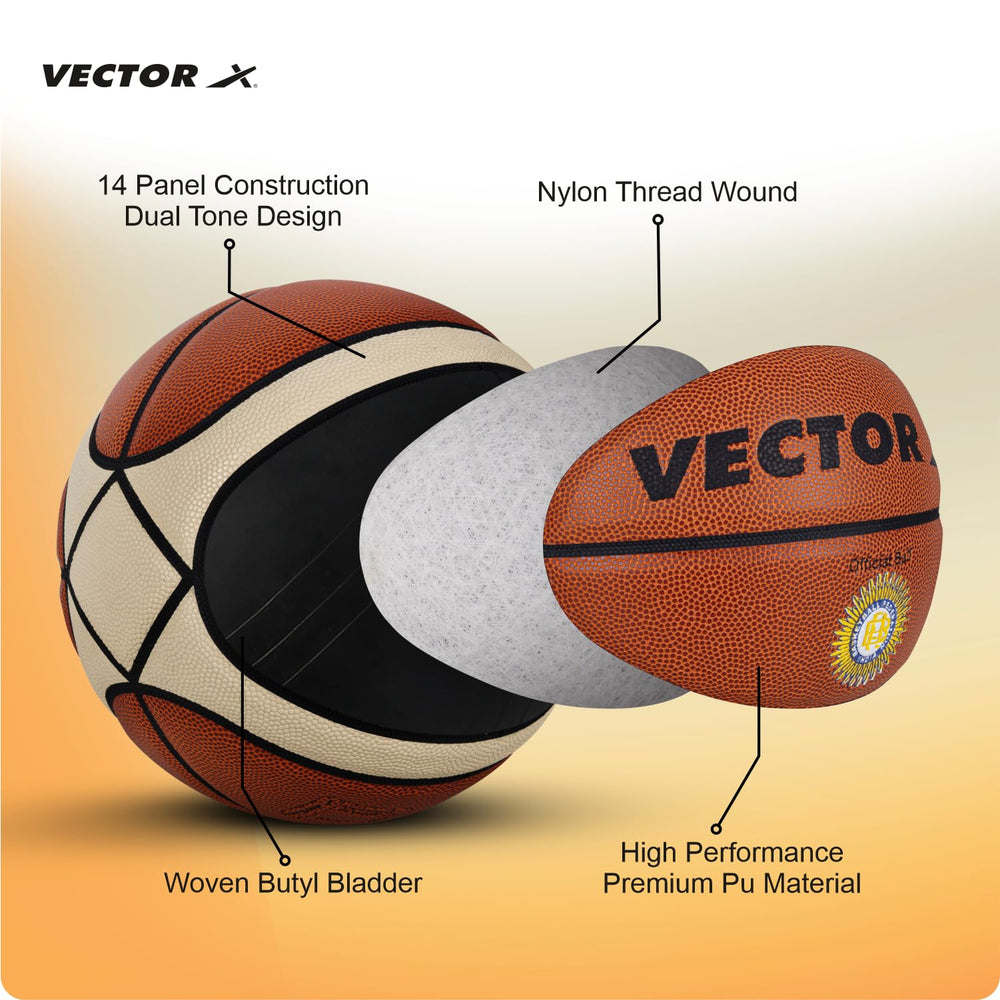 Vector X X-Pro 14 Panel Premium PU Basketball (Brown/Dual Tone) | Official BFI Approved Match & Training Basketball