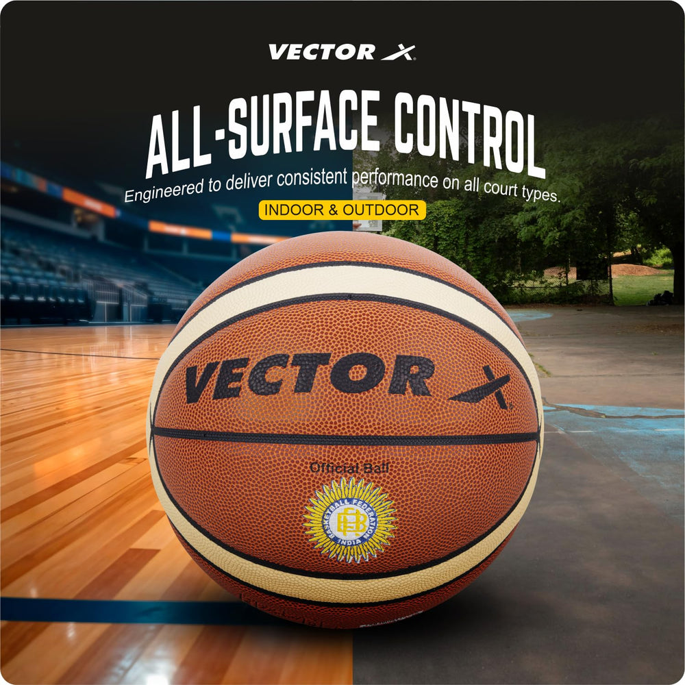 Vector X X-Pro 14 Panel Premium PU Basketball (Brown/Dual Tone) | Official BFI Approved Match & Training Basketball