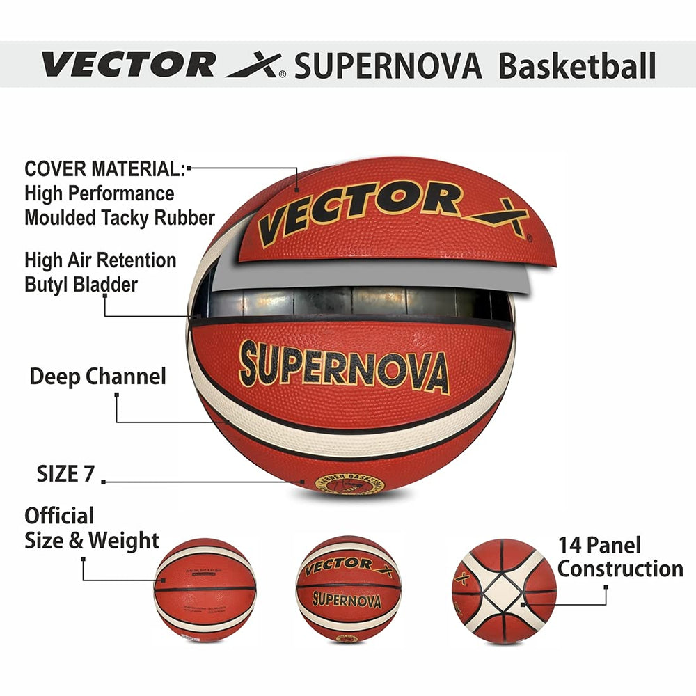 Vector X Supernova 14 Panel Rubber Basketball (Brick Brown) | All-Weather Indoor & Outdoor Basketball