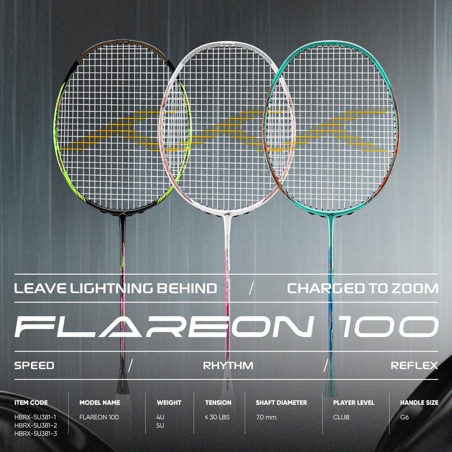 Hundred Flareon 100 Badminton Racket (Strung) | Carbon Fiber Frame | Speed Racket for Fast Swings with Full Cover | Max Tension 30 lbs