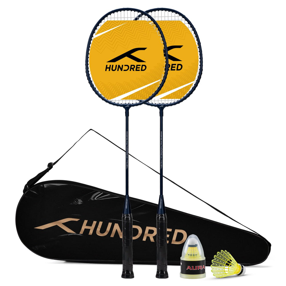 HUNDRED Powertek Star (2 Strung Rackets + 2pc Nylon Shuttlecocks), 16-18 LBS - Best Price online Prokicksports.com