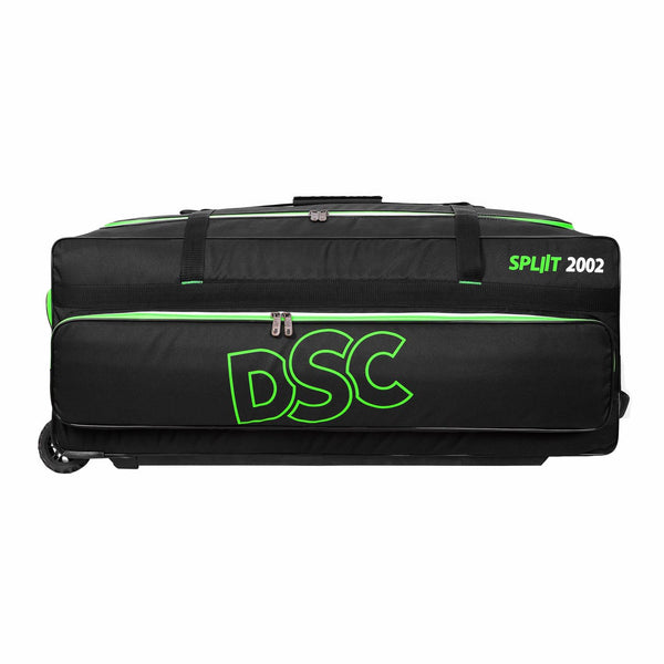 DSC Spliit 2002 Wheelie Cricket Kit Bag | Large Cricket Equipment Bag with Wheels | Padded Bat Pockets, Shoe Pocket | Black/Green