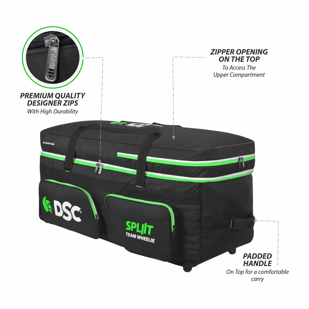 DSC Spliit Team Wheelie Cricket Kit Bag | Large Cricket Equipment Bag with Tractor Wheels | Padded Bat Pockets, Shoe Section