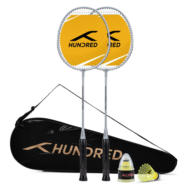 HUNDRED Powertek Star (2 Strung Rackets + 2pc Nylon Shuttlecocks), 16-18 LBS