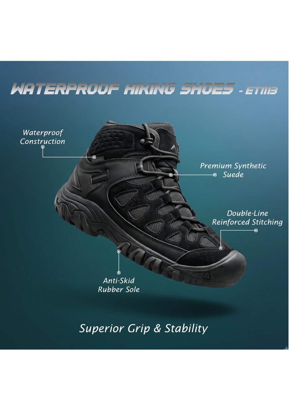 Waterproof Mid Ankle Hiking Shoes with Suede Upper (ET1113) | Synthetic Suede, EVA Cushioned Midsole, Deep-Lug Anti-Skid Outsole, Reflective Tape, All Season