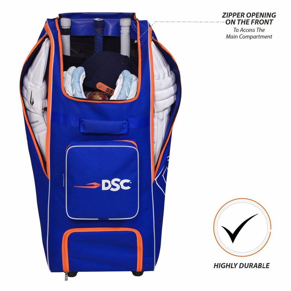DSC Quadra Duffle Cricket Kit Bag with Wheelie – Royal Blue/Orange, Large Capacity Wheelie Duffle Cricket Gear Bag with Durable Fabric - Best Price online Prokicksports.com