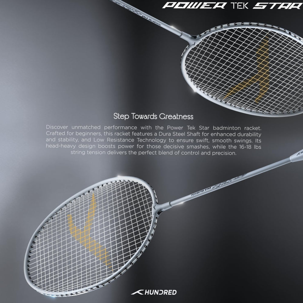 Hundred Powertek Star Strung Badminton Set (Pack of 2 Racquets) | Lightweight Aluminium Frame with Pre-Strung Strings, Full Cover & Shuttlecock Combo for Beginners - Best Price online Prokicksports.com