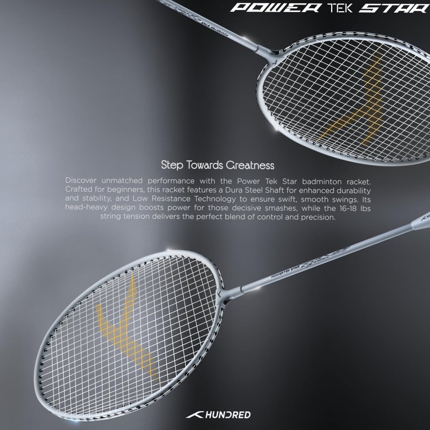 Hundred Powertek Star Strung Badminton Set (Pack of 2 Racquets) | Lightweight Aluminium Frame with Pre-Strung Strings, Full Cover & Shuttlecock Combo for Beginners - Best Price online Prokicksports.com