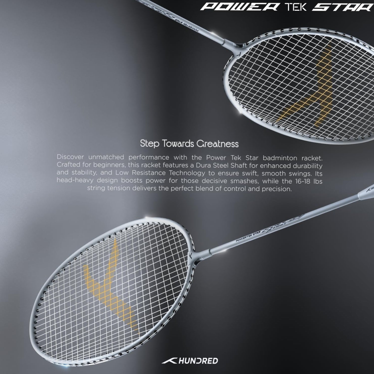 Hundred Powertek Star Strung Badminton Set (Pack of 2 Racquets) | Lightweight Aluminium Frame with Pre-Strung Strings, Full Cover & Shuttlecock Combo for Beginners - Best Price online Prokicksports.com
