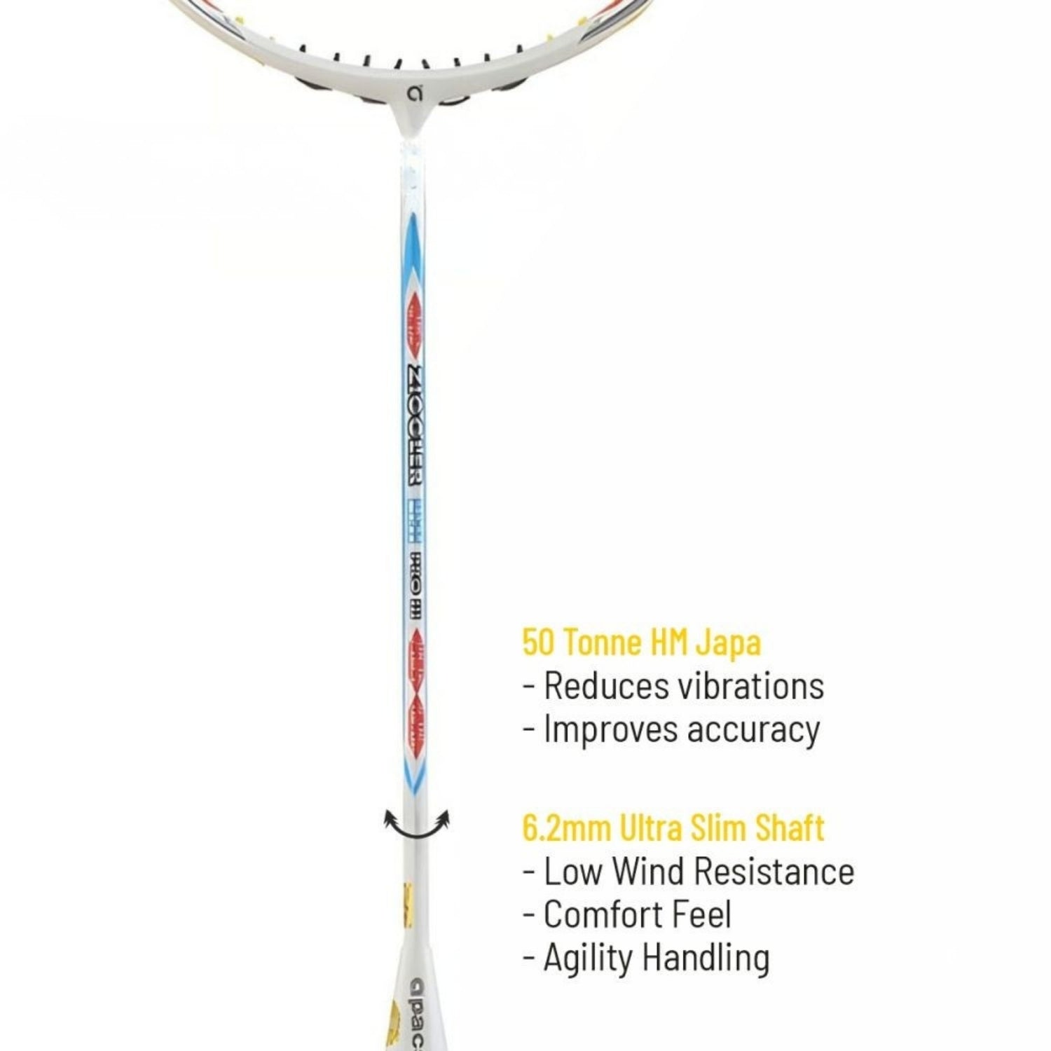 Apacs Z-Ziggler LHI Pro III Unstrung Badminton Racquet With Cover– White Matte (Head Heavy 85g, 38lbs Tension, Compact Quad Voltaic Frame) - Best Price online Prokicksports.com