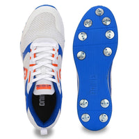 Dnine Hunter 2 Cricket Batting Shoe with Metal Spikes – White/Orange/Blue | Pro Performance PU Upper, Shock Absorbing EVA Midsole, High Traction TPU Spike Outsole | Lightweight, Durable, and Water Resistant - Best Price online Prokicksports.com