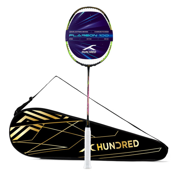 Hundred Flareon 100 Badminton Racket (Strung) | Carbon Fiber Frame | Speed Racket for Fast Swings with Full Cover | Max Tension 30 lbs