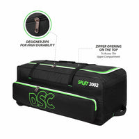 DSC Spliit 2002 Wheelie Cricket Kit Bag | Large Cricket Equipment Bag with Wheels | Padded Bat Pockets, Shoe Pocket | Black/Green