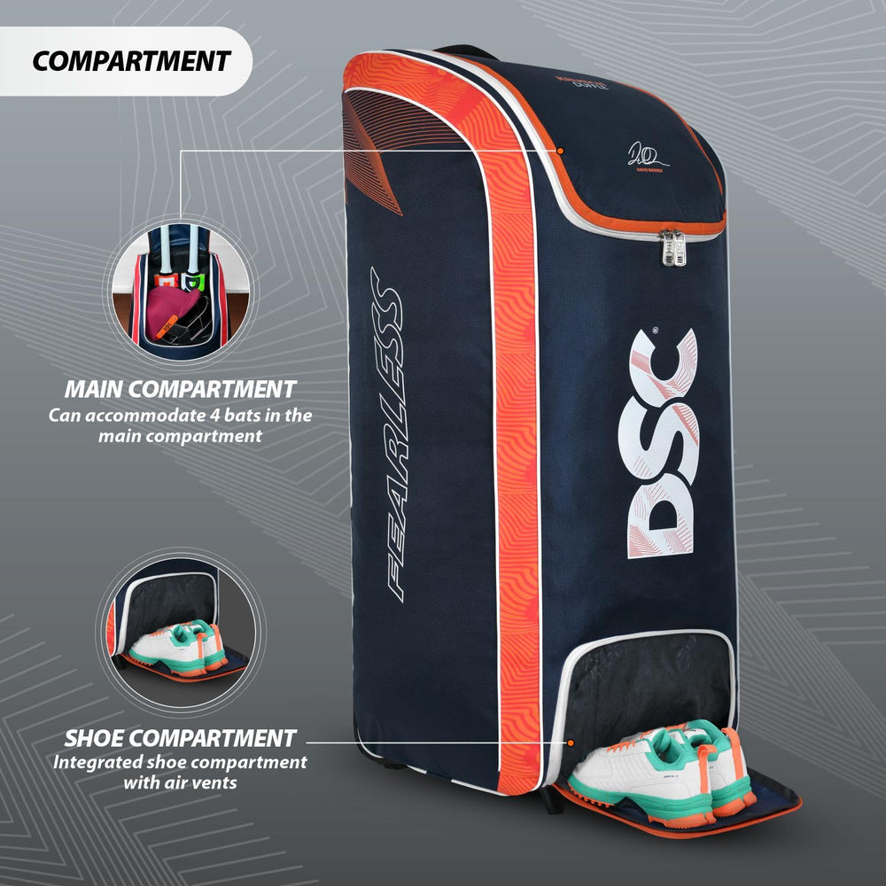 DSC Krunch Duffle Cricket Kit Bag with Wheels | Large Cricket Equipment Bag | Holds 4 Bats, Ventilated Shoe Pocket | Navy/Orange - Best Price online Prokicksports.com