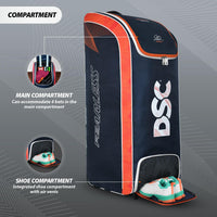 DSC Krunch Duffle Cricket Kit Bag with Wheels | Large Cricket Equipment Bag | Holds 4 Bats, Ventilated Shoe Pocket | Navy/Orange - Best Price online Prokicksports.com