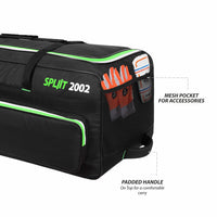 DSC Spliit 2002 Wheelie Cricket Kit Bag | Large Cricket Equipment Bag with Wheels | Padded Bat Pockets, Shoe Pocket | Black/Green