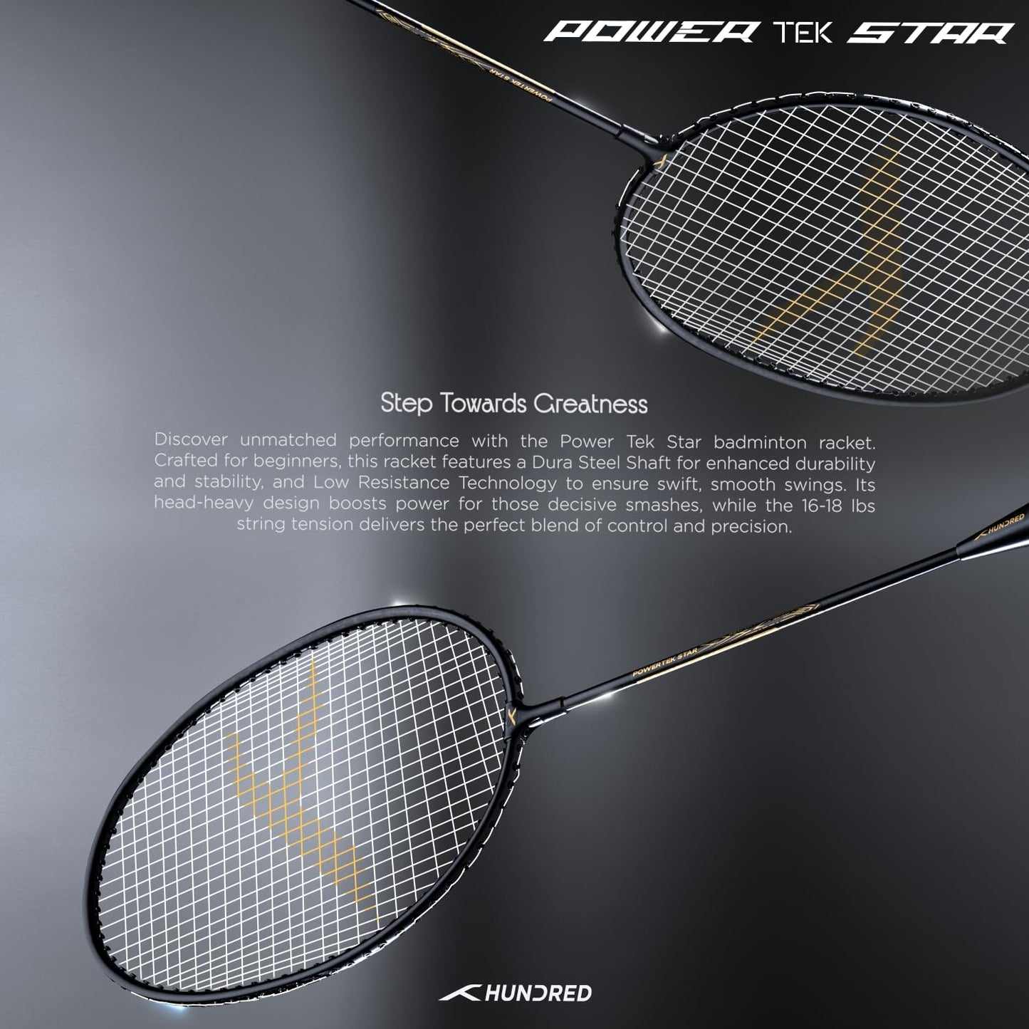 HUNDRED Powertek Star (2 Strung Rackets + 2pc Nylon Shuttlecocks), 16-18 LBS - Best Price online Prokicksports.com