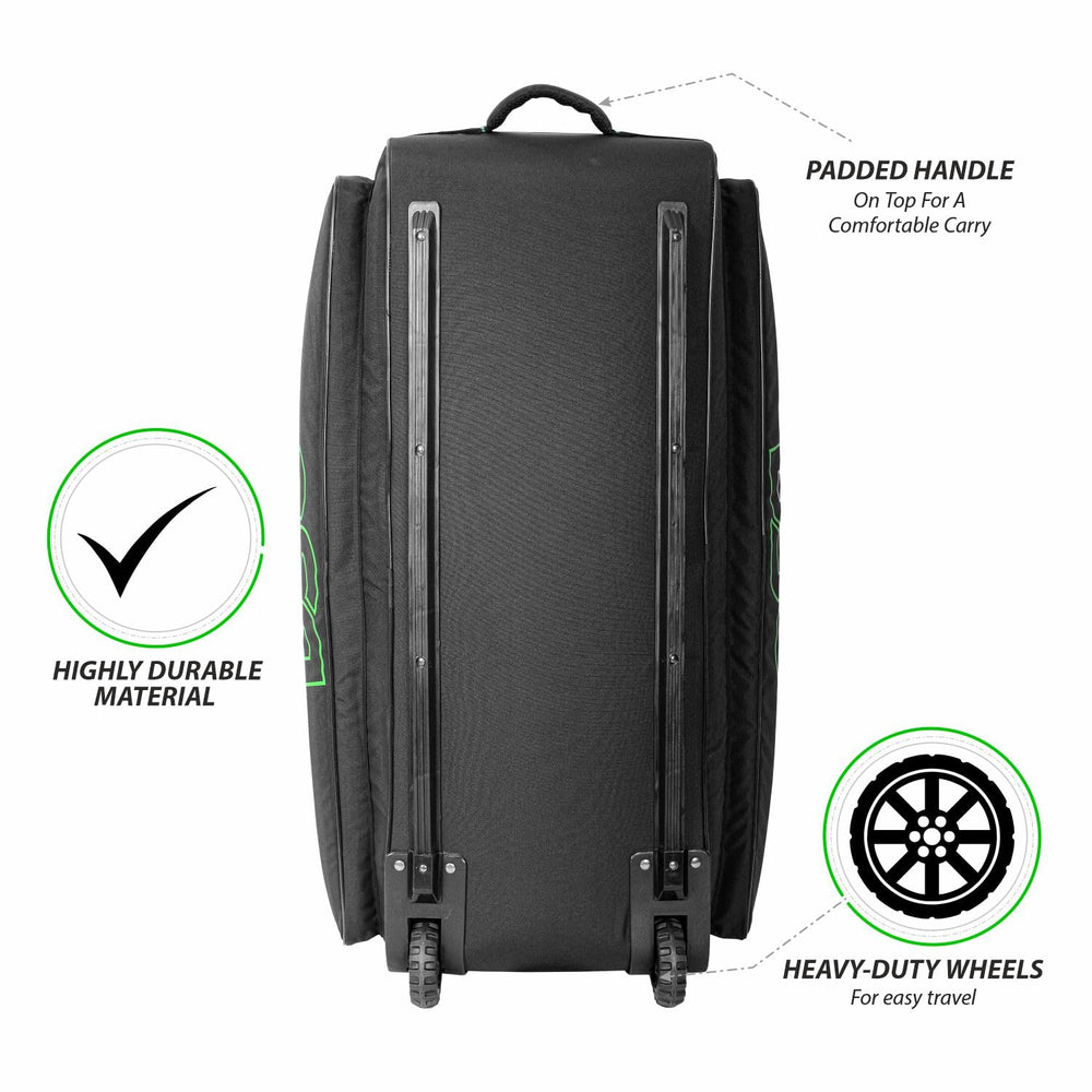 DSC Spliit 2002 Wheelie Cricket Kit Bag | Large Cricket Equipment Bag with Wheels | Padded Bat Pockets, Shoe Pocket | Black/Green