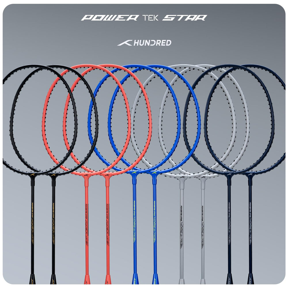 HUNDRED Powertek Star (2 Strung Rackets + 2pc Nylon Shuttlecocks), 16-18 LBS