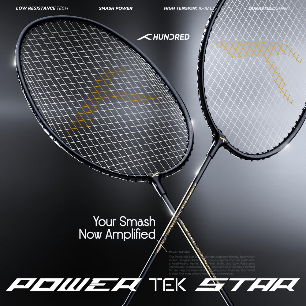 HUNDRED Powertek Star (2 Strung Rackets + 2pc Nylon Shuttlecocks), 16-18 LBS