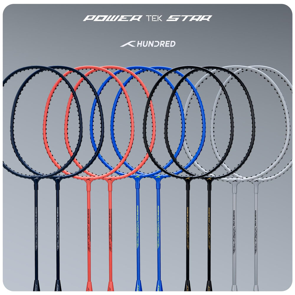 HUNDRED Powertek Star (2 Strung Rackets + 2pc Nylon Shuttlecocks), 16-18 LBS - Best Price online Prokicksports.com