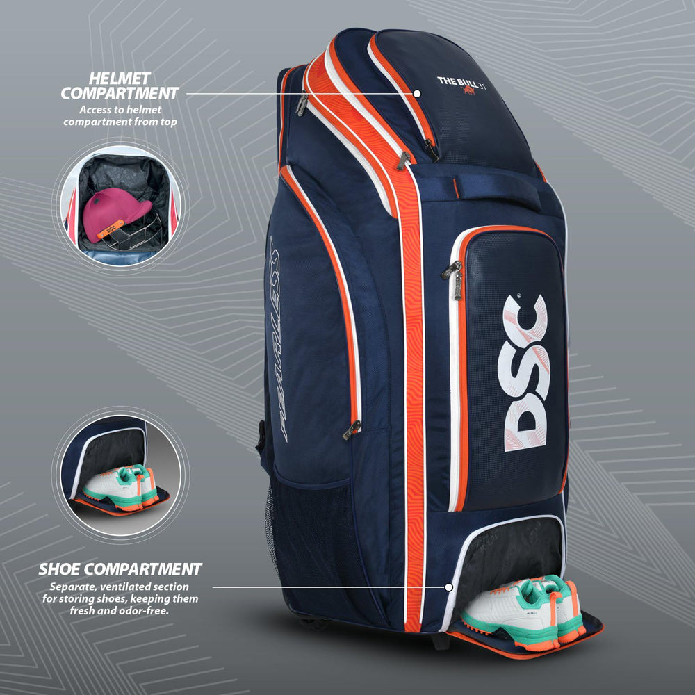 DSC Krunch Bull 31 Wheelie Cricket Kit Bag | Large Cricket Equipment Bag with Tractor Wheels | Holds 5 Bats, Helmet & Shoe Pocket