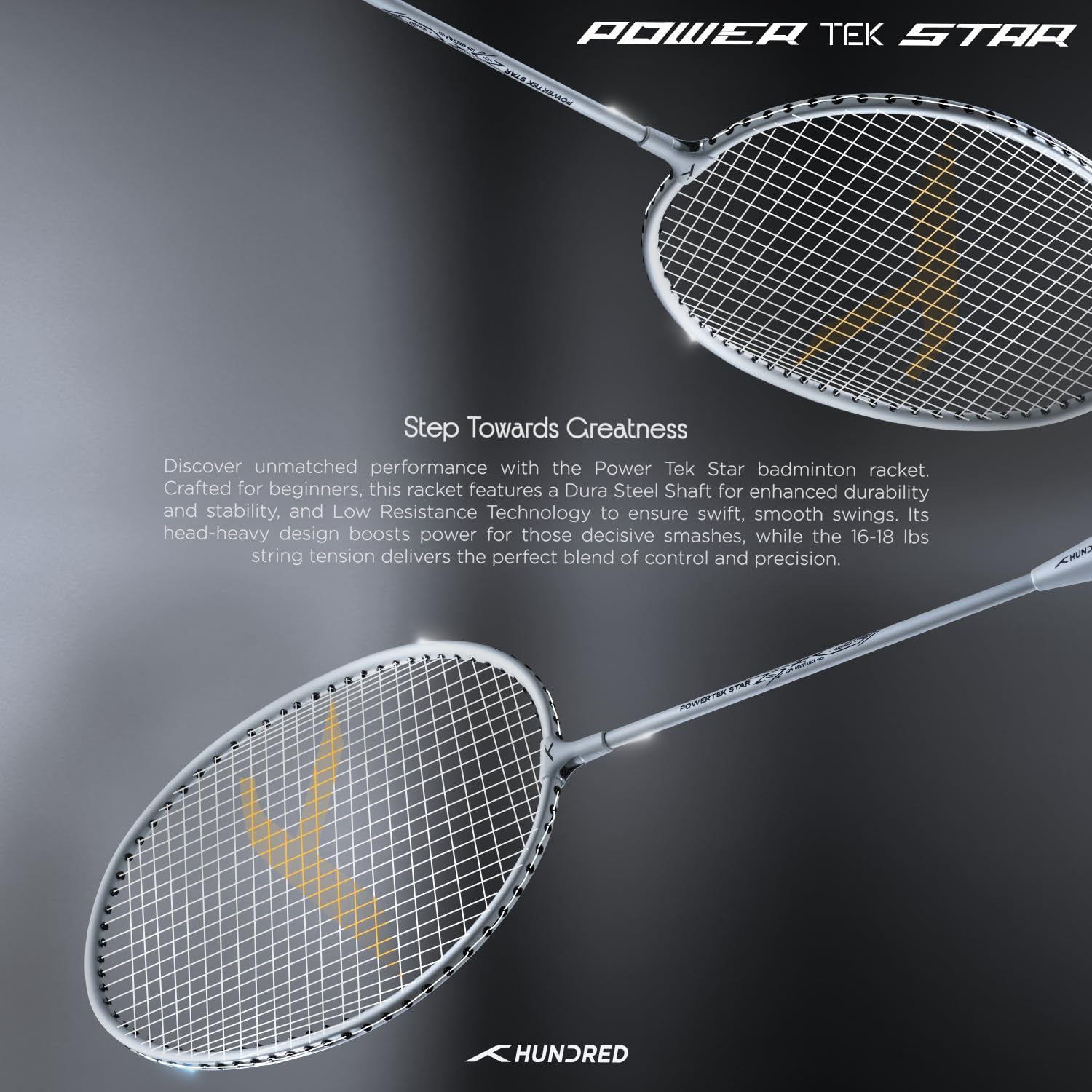 HUNDRED Powertek Star (2 Strung Rackets + 2pc Nylon Shuttlecocks), 16-18 LBS - Best Price online Prokicksports.com