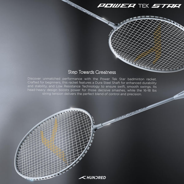 HUNDRED Powertek Star (2 Strung Rackets + 2pc Nylon Shuttlecocks), 16-18 LBS